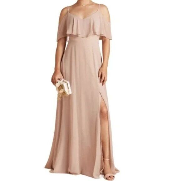READ Birdy Grey Jane Convertible Chiffon Slit Bridesmaid Dress Beige Taupe Small - Picture 1 of 14